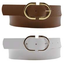 Kit 2 Women's Belt 2D Double Inverted Round Buckle Current Fashion Winter Summer 96040K2 - 焦糖色和白色 - 查看 1
