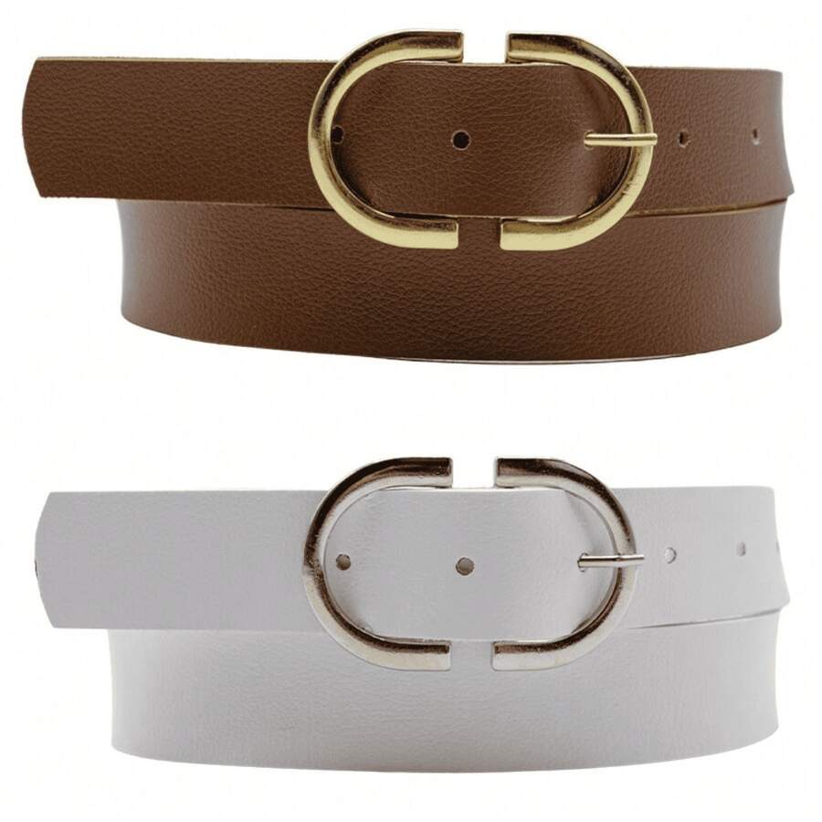 Kit 2 Women's Belt 2D Double Inverted Round Buckle Current Fashion Winter Summer 96040K2 - 焦糖色和白色 - 查看 1