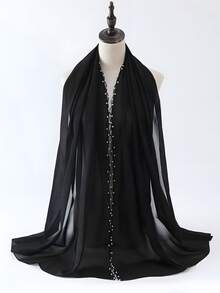 1pc Women Chiffon Ruffle Beaded Scarf, Versatile & Breathable Headscarf Suitable For Commuting For Dress - Multicolor - View 16