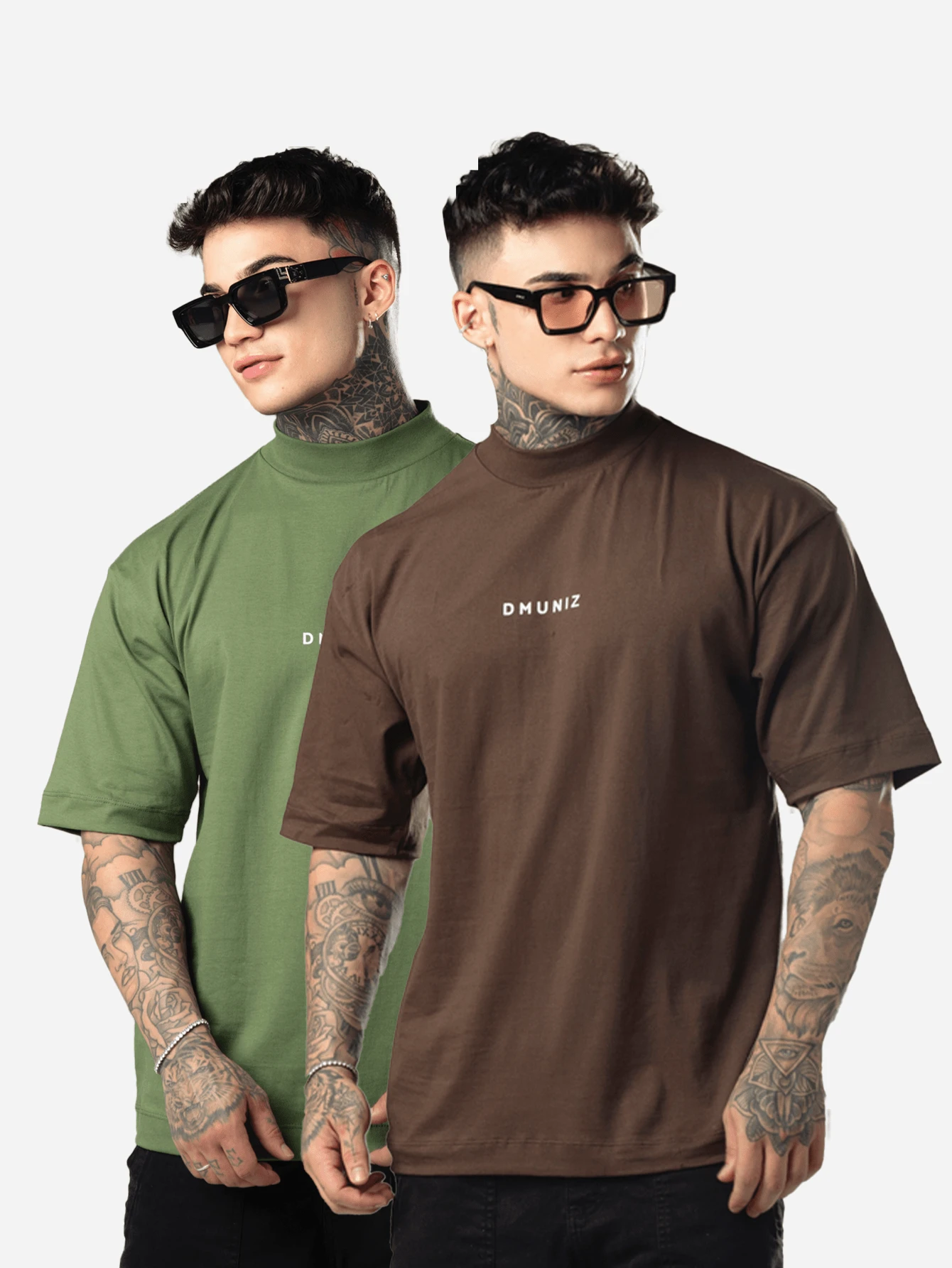 DMUNIZ Oversized Streetwear Turtleneck Printed Chest T-Shirts Kit 2 - 棕色/苔綠色 - 查看 1
