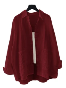 女士休闲红色梭织面料衬衫，落肩长袖，衬衫领，纽扣口袋，常规长度，秋季