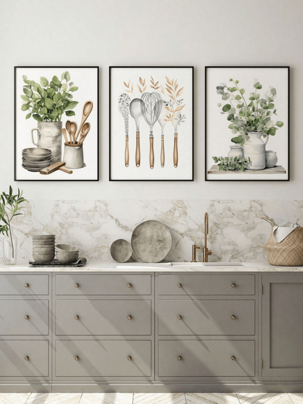 3 قطع لوحات جدارية للمطبخ بتصميم أدوات المطبخ والنباتات الخضراء والمزهريات القديمة، صور معلقة للملاعق، لوحات جدارية على قماش بدون إطار، مطبوعات لديكور الجدران، مناسبة لديكور الحمام وغرفة النوم والمعيشة والمنزل والمطبخ والمكتب - هدية مثالية لعيد الحب والسنة الجديدة وعيد الهالوين والكريسماس وللمنزل الجديد - بدون إطار
