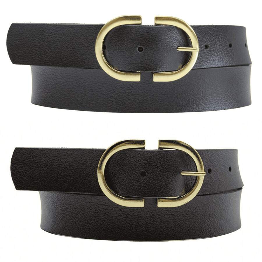 Kit 2 Women's Belt 2D Double Inverted Round Buckle Current Fashion Winter Summer 96040K2 - 黑色與咖啡 2 - 查看 1