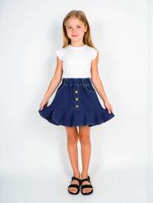 Young Girl Denim Look Ruffle Hem Mini Skirt - Multicolor - View 3