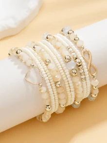 10pcs/Set Bohemian Braided Seed Bead Heart Charm Bracelets, Jewelry Set For Women - Beige - View 2