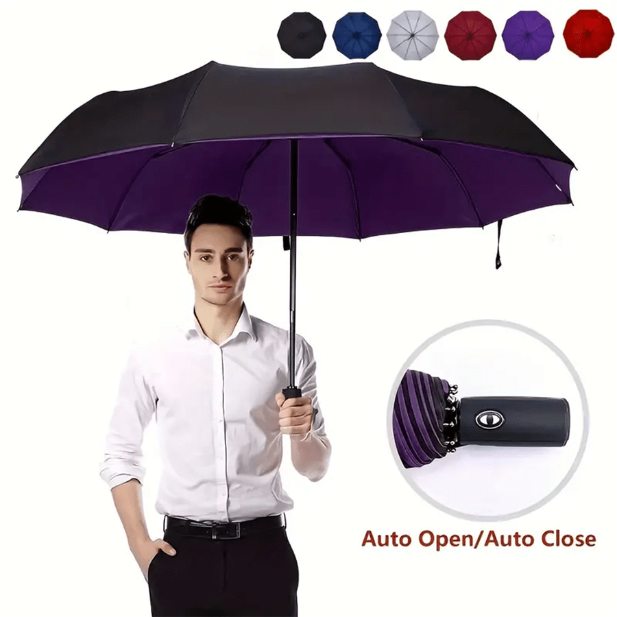 1 pièce Parapluie pliant automatique à 10 baleines double tissu avec poignée en caoutchouc coupe-vent. Un parapluie pliant décontracté, durable avec un cadre en acier, compact et pliable, facile à transporter, idéal pour un usage professionnel ou personnel. Parapluie de voyage, parapluie portable pour tous les temps.