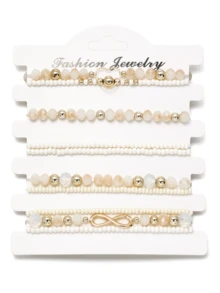 10pcs/Set Bohemian Braided Seed Bead Heart Charm Bracelets, Jewelry Set For Women - Beige - View 3