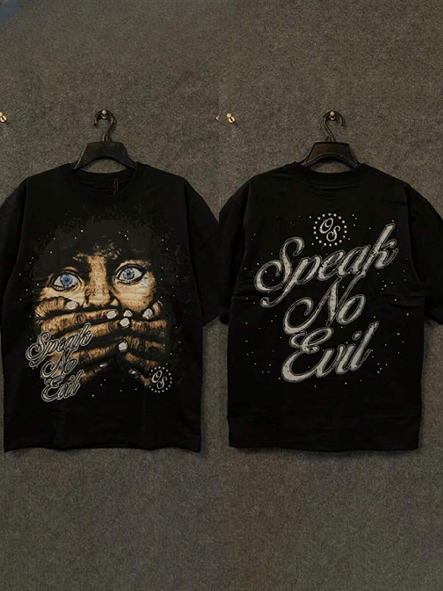 Fashion Hip Hop Style Speak No Evil Graphic 1pcs Casual Round Neck 220g T Shirt Retro 100% Cotton Tee Streetwear Speak No Evil Slogan - 黑色 - 查看 1