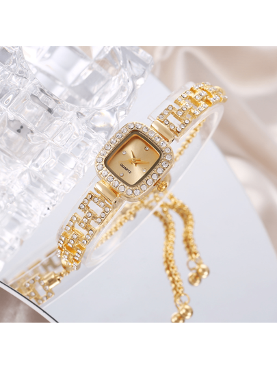 1pc Business Elegante Goud Square Hoesje Horloge Rhinestone Scaled Dial, Bezel Adjustable Chain, Quartz view 3