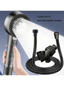 3-Piece Set High Quality Shower Head, 4 Spray Patterns, Silicone Massage Brush Included, 1.5M Stainless Steel Hose, ABS Non-Puncture Wall Bracket Home Bathroom Decor Bathroom Accessories Bathroom Organizer Fall Decor Back To School Storage - Black - View 2