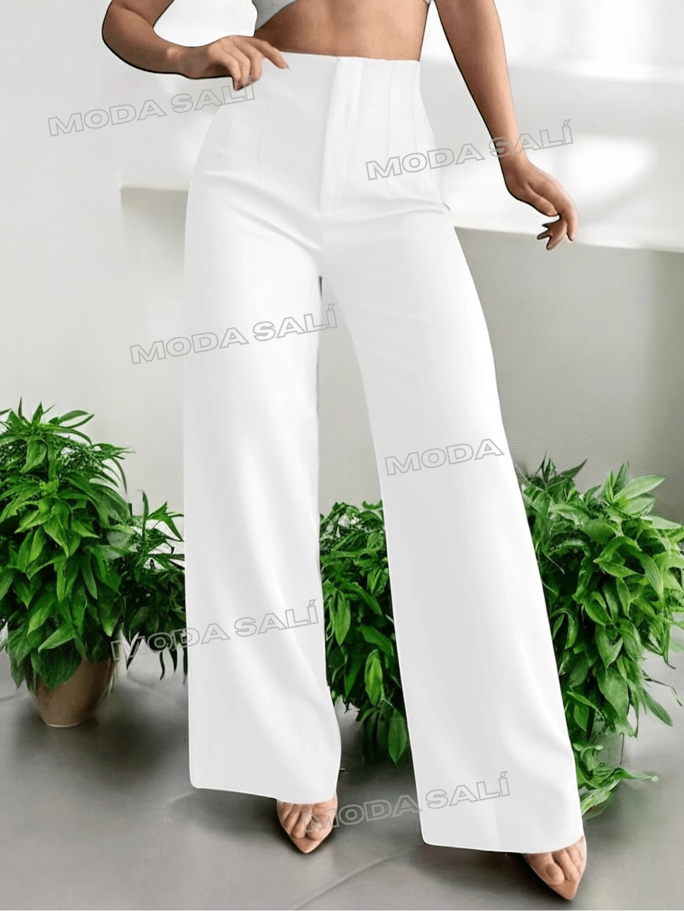 Pantalón Formal Acampanado con Detalle de Pinzas al Frente. - Blanco - Ver 1
