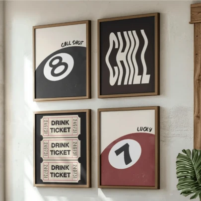4 幅酒吧艺术海报幸运 8 球印刷图片冷饮票绘画海报时尚墙面艺术复古墙面印刷现代房间装饰客厅墙壁装饰无框