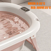 Bañera plegable para bebé, con termómetro digital, cojín de baño, compacta y portátil, gris/rosa