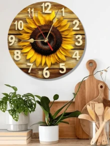 乡村向日葵壁挂艺术时钟 - 木制 2D，非常适合家庭、办公室、咖啡厅和节日派对装饰，艺术礼品创意，办公室壁钟 | 乡村墙壁艺术 | 木质纹理，客厅壁钟，2D 平面圣诞节 2025 圣诞装饰品 - 彩色 - 查看 2