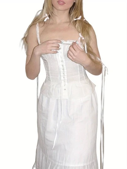 Women Lace Trim Camisoles Sleeveless Tie-Up Spaghetti Strap Backless Tank Tops Summer Buttons Vests Crop Tops Streetwear