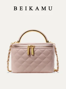 1 pieza Bolso de diseño tipo caja con patrón de rombo BEIKAMU, nuevo monedero y portalipstick, elegante y chic bolso de hombro cruzado con cadena