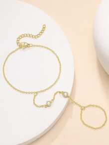 1 peça de corrente de anel de dedo com diamante duplo de aço inoxidável, pulseira minimalista moderna com duas zircônias cúbicas redondas em formato de O, acessório de luxo de qualidade adequado para meninas e mulheres