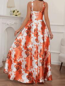 Women's Elegant Long Dress With Floral Print & Wide Straps, Party Dress, Wedding Guest Dress, Prom Dress - Red and White - View 3