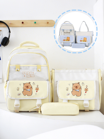 New Cute Kawaii Simple Solid Color Capybara, Printed Backpack Three-Piece Set, Suitable For Back To School Season, Nylon Material Double Zipper Lightweight Large Capacity Foldable Bag, Including Backpack, Shoulder Bag And Pencil Case, Very Teenagers Go School, Daily Travel, Shopping, Travel Vacation,