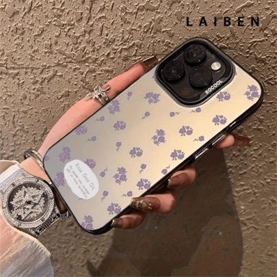 Funda protectora para teléfono con estampado de pétalos de flores morados, en colores plateado y negro, compatible con Apple 16, 15, 14, 13, 12, 11, funda de teléfono linda y de alta calidad