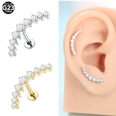 SWANJO 1件植入级钛金属内螺纹唇钉，弧形底座，镶嵌9颗立方氧化锆石，时尚耳钉，穿刺饰品