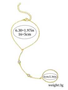 1 peça de corrente de anel de dedo com diamante duplo de aço inoxidável, pulseira minimalista moderna com duas zircônias cúbicas redondas em formato de O, acessório de luxo de qualidade adequado para meninas e mulheres