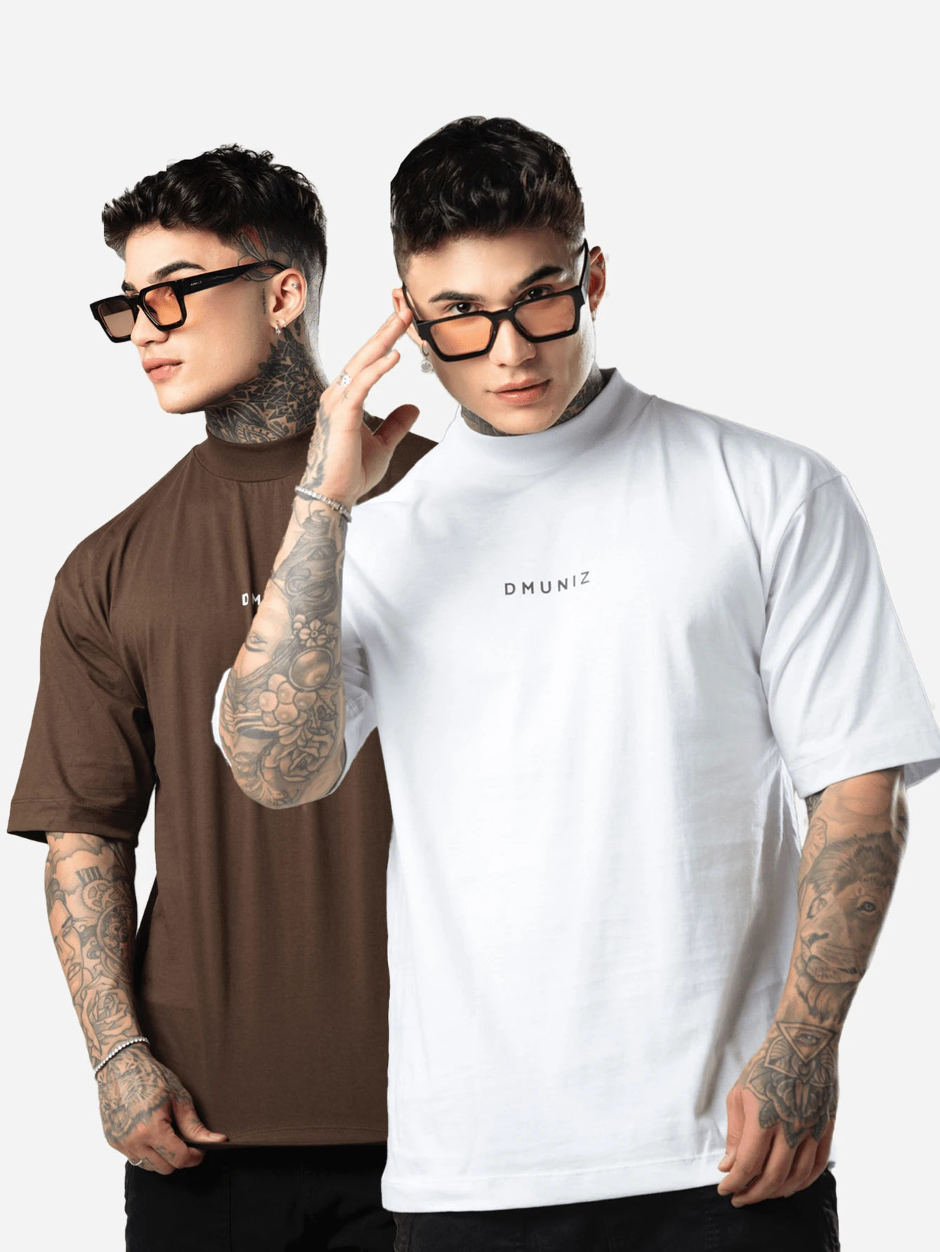 DMUNIZ Oversized Streetwear Turtleneck Printed Chest T-Shirts Kit 2 - 白色/棕色 - 查看 1