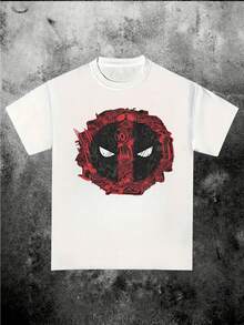 Camiseta inspirada en Deadpool con estampado gráfico digital, tema de arte de cómics de superhéroes, cuello casual, manga corta, 100% algodón, ropa urbana, 220g, 1 pieza - Blanco - Ver 1