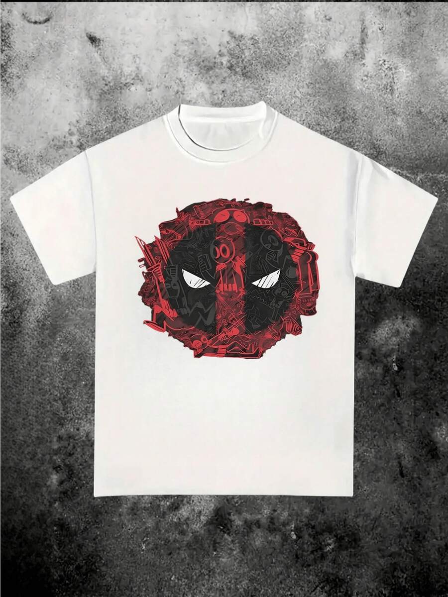 Camiseta inspirada en Deadpool con estampado gráfico digital, tema de arte de cómics de superhéroes, cuello casual, manga corta, 100% algodón, ropa urbana, 220g, 1 pieza - Blanco - Ver 1