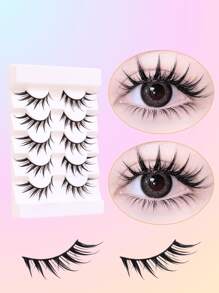 5 pares de pestañas postizas gruesas y largas con punta húmeda con estampado de dibujos animados, adecuadas para principiantes, extensión de ojos de 10-14 mm, estilo cruzado/de muñeca/de ojos de gato, efecto de maquillaje para uso diario y dramático, pestañas realistas fáciles de usar, material suave reutilizable