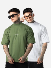 DMUNIZ Oversized Streetwear Turtleneck Printed Chest T-Shirts Kit 2 - 白色/苔綠色 - 查看 1