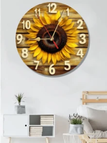 乡村向日葵壁挂艺术时钟 - 木制 2D，非常适合家庭、办公室、咖啡厅和节日派对装饰，艺术礼品创意，办公室壁钟 | 乡村墙壁艺术 | 木质纹理，客厅壁钟，2D 平面圣诞节 2025 圣诞装饰品 - 彩色 - 查看 7