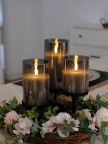 3pcs Battery Operated LED Flameless Pillar Candles With 10-Key Remote Control And Timer, Warm Flickering Light Candles Ideal For Holiday, Wedding, Bar, Cafe, Home Party Decoration - Grey - View 2