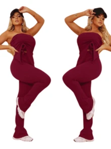 Women's Set Of Pants And Blouse With Diagonal Cutout Strapless - Burgundy - View 5