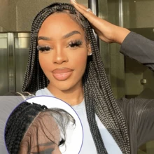 More Beautiful 360° HD Full Lace Knotless Braided Wigs For Women Box Braid Wig With Baby Hair Premium Synthetic Braided Lace Front Wigs Natural Black - 黑色 - 查看 3
