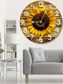 乡村向日葵壁挂艺术时钟 - 木制 2D，非常适合家庭、办公室、咖啡厅和节日派对装饰，艺术礼品创意，办公室壁钟 | 乡村墙壁艺术 | 木质纹理，客厅壁钟，2D 平面圣诞节 2025 圣诞装饰品 - 彩色 - 查看 4