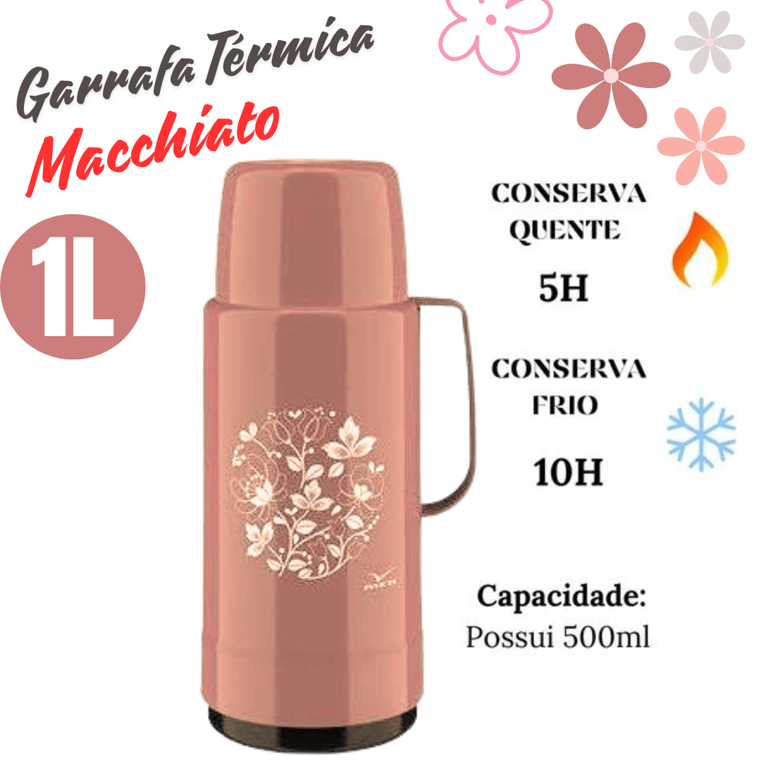 GARRAFA TÉRMICA GLT ROLHA 1 LITRO INVICTA GALANT DECORADA MACCHIATO C/ ROLHA DOSADORA E COPO SUPERIOR, POSSUI AMPOLA DE VIDRO P/ MELHOR CONSERVAÇÃO DOS LÍQUIDOS QUENTES E FRIOS.