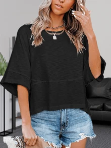 Women's Summer Soft Crewneck Batwing Half Sleeve T-Shirt Solid Color Lightweight Loose Fit Casual Top Christmas Gift & New Year Gift - 黑色 - 查看 2