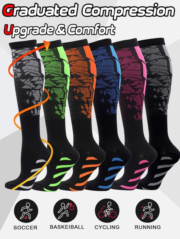 6 Pairs Men's & Women's Compression Knee-High Sports Socks - Breathable, Sweat-Absorbing, Comfortable Nylon Blend With Arch Support, Ideal For Basketball, Football, Running & Outdoor Activities, Machine Washable, Striped Pattern, Compression Socks