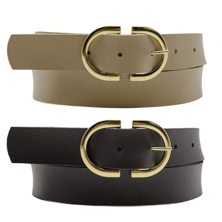 Kit 2 Women's Belt 2D Double Inverted Round Buckle Current Fashion Winter Summer 96040K2 - 米色和咖啡色 - 查看 1