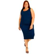 CEU MODA VESTIDO CASUAL PLUS SIZE MIDI MALHA DECOTE REDONDO SEM MANGAS COM FENDA LATERAL DA BARRA COR SÓLIDA AZUL MARINHO MINIMALISTA TAMANHOS GRANDES DO 42 AO 60 PARA MULHERES ELEGANTES - Azul Marinho - Visão 8