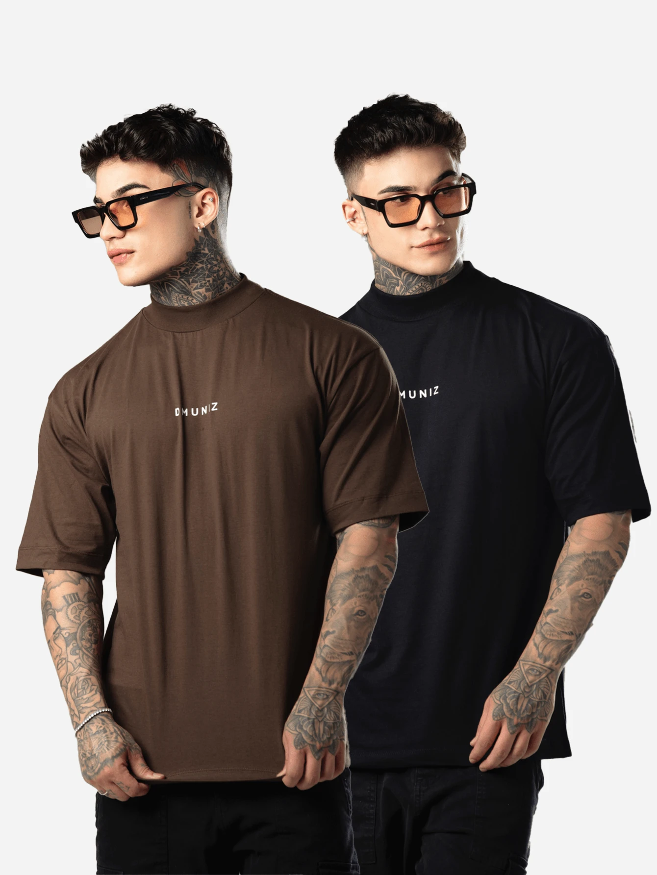 DMUNIZ Oversized Streetwear Turtleneck Printed Chest T-Shirts Kit 2 - 黑色/棕色 - View 1