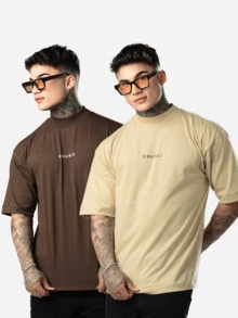 DMUNIZ Oversized Streetwear Turtleneck Printed Chest T-Shirts Kit 2 - 棕色/卡其色 - 查看 1