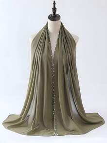 1pc Women Chiffon Ruffle Beaded Scarf, Versatile & Breathable Headscarf Suitable For Commuting For Dress - Multicolor - View 15