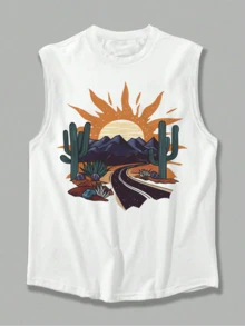 1pcs Cactus Desert Men's Tank Top Summer Adventure Good Ideal For Outdoor Tank Top 100% Pure CottonSuitable For Nature Lovers And Vacation Goers - White - View 4