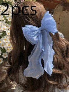 1pc Sweet Pink Princess Mesh Super Bow Wave Ribbon Ponytail Claw Clip, Elegant Soft Spring Hair Accessory,Hair Clips,Hair Barrettes - Pink - View 18