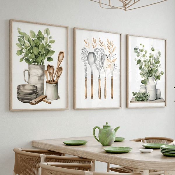 3 Paquetes de Juego de Arte de Pared de Cocina Estilo Granja sin Marco - Carteles Vintage de Utensilios y Botánicos con Decoración de Cucharas, Impresiones de Lienzo de Florero Retro para Comedor y Decoración de Cabaña - Colección de Galería de Pared Culinaria Moderna para Cafeterías, Restaurantes y Hogares de Estilo Campestre