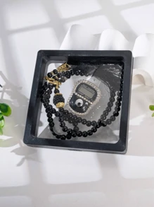 1 Set Caja de regalo elegante con 99 piezas de cuentas de oración y 1 pieza de contador totalmente enjoyado con diamantes, aplicable para conteo de negocios, oración, regalo diario