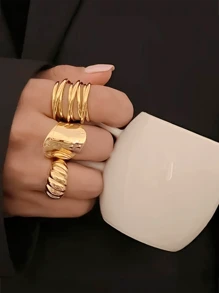 3 pièces Lot Élégant Rétro Ton Or Géométrique Anneaux - Larges Bandes Distinctives Et Conception Tressée Unique, Idéal Pour Le Port Quotidien, Les Fêtes, Les Anniversaires, Noël, La Saint-Valentin, Cadeaux D'accessoires Brillants