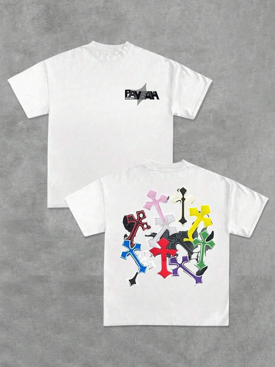 Cross Graphic 100% Cotton T Shirt Colorful Crosses Streetwear Theme - White - View 1